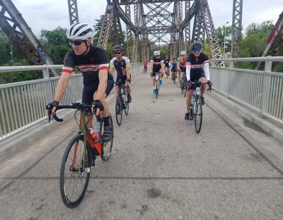 No ice cream at 8 am on our 2022 ABC ride, but a nice shot on an iconic Winnipeg bridge with just under 160 km still to ride!