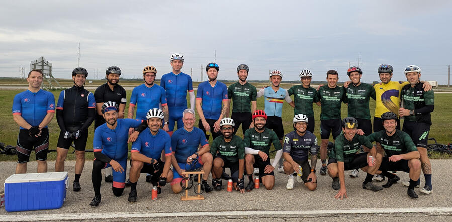 members of Red River Cycling Club (blue jerseys) and Green Route Cycling Club (green jerseys) who participated in the 2025 Red-Green Challenge Cup p/b Sookram&#39;s