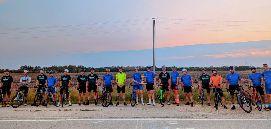 members of Red River Cycling Club (blue jerseys) and Green Route Cycling Club (green jerseys) who participated in the 2024 Red-Green Challenge Cup